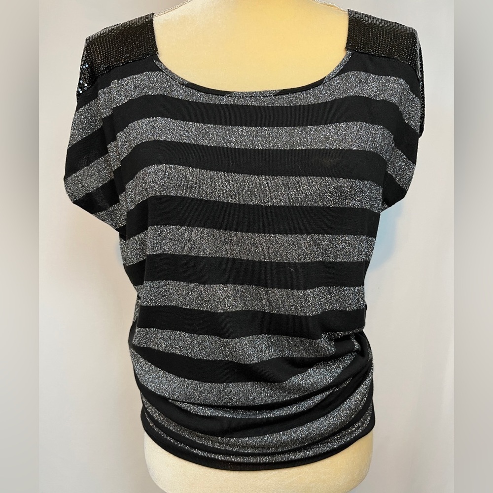 Black and Silver Shimmer Short Sleeve Blouse